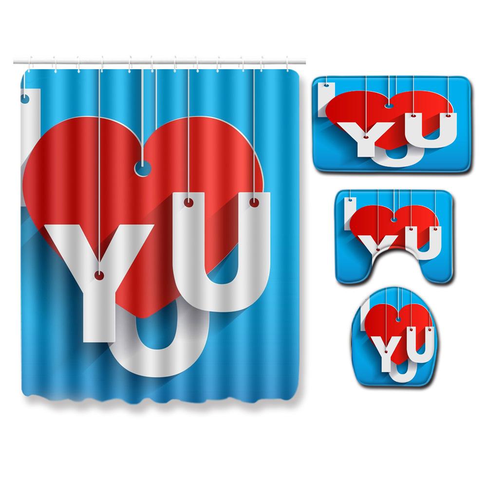 Valentine'S Day Toilet Shower Curtain Four-Piece Printed Floor Mat Set Bathroom Floor Mat Bedroom Absorbent Door Mat Carpet