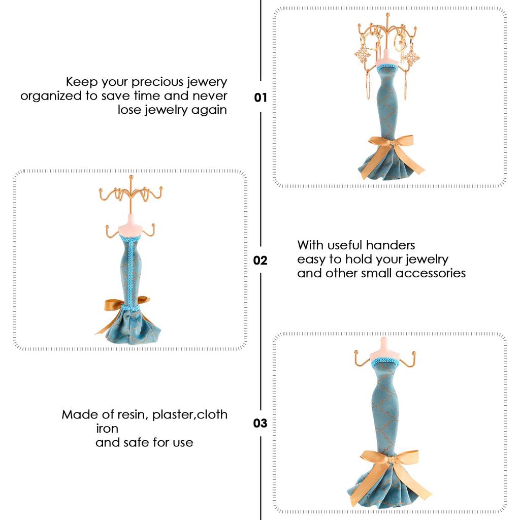 Элегантная подставка для украшений для женщин Синий манекен Платье принцессы Подставка-держатель для ожерелий и серег с золотыми акцентами