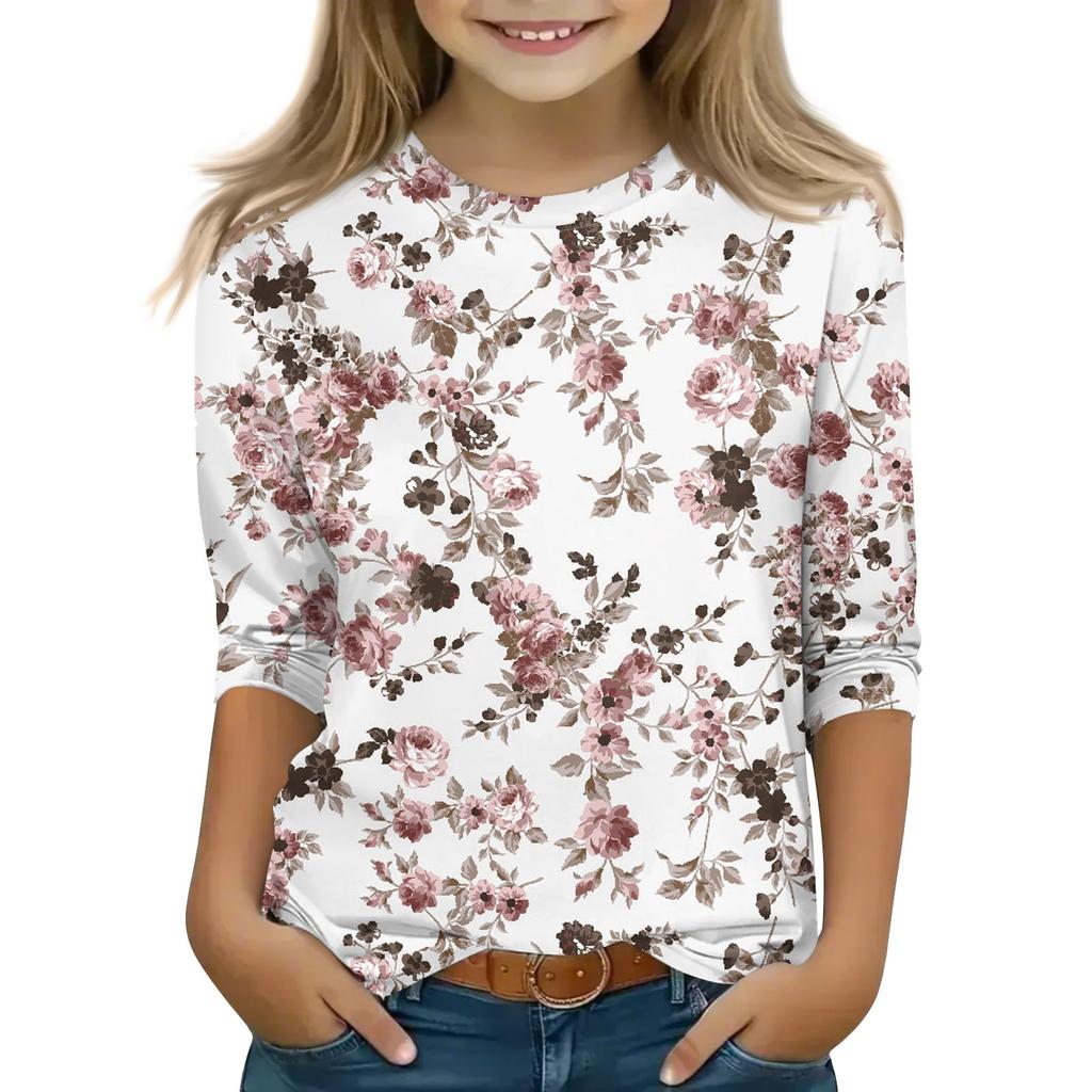 Топы с принтом для девочек 5-16 лет с круглым вырезом и рукавами 3/4 Футболки Модные топы Наряды Футболки