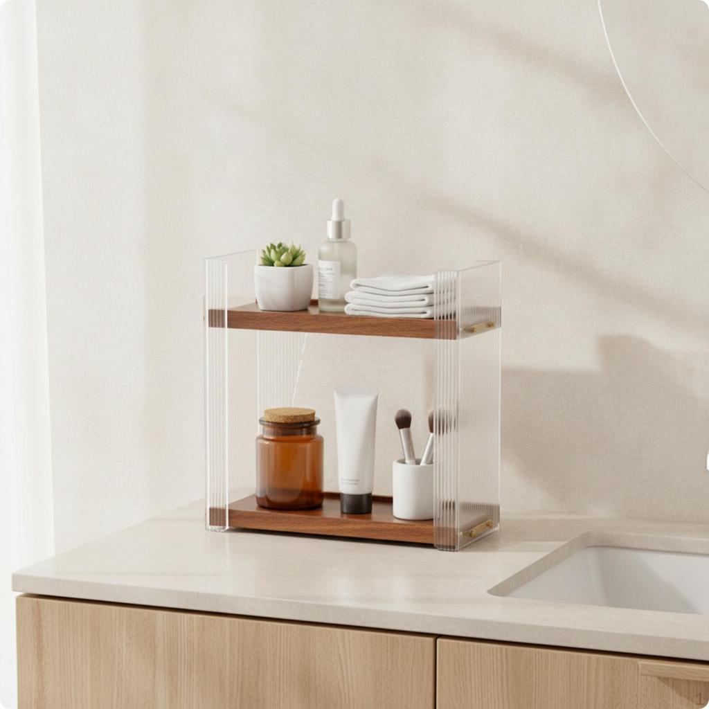 Настольная полка-органайзер с деревянными полками, с открытой передней полкой, двухъярусная