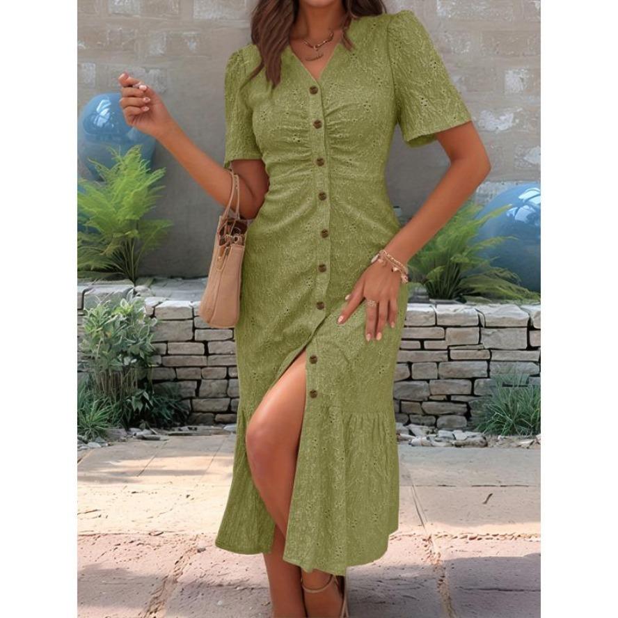 Женские модные летние весенние однотонные повседневные платья с v-образным вырезом и короткими рукавами и высокой талией