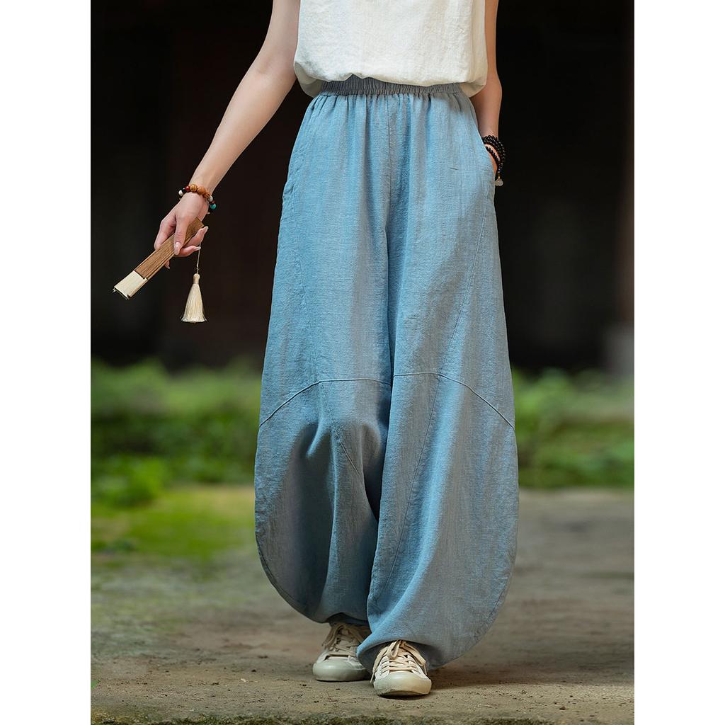 Women Vintage Ramie Cotton Linen Pants Elastic Waist Wide Leg Trousers Spring Summer Tie-dye Harem Pants Loose Bloomers