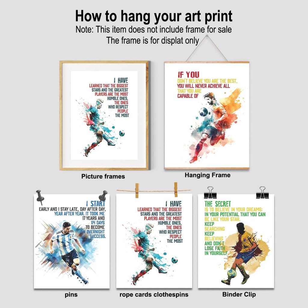 pirational Soccer Room Decor - Set of 6 Motivational Wall Art Prints (8x10 In) for Boy's Bedroom or Classroom