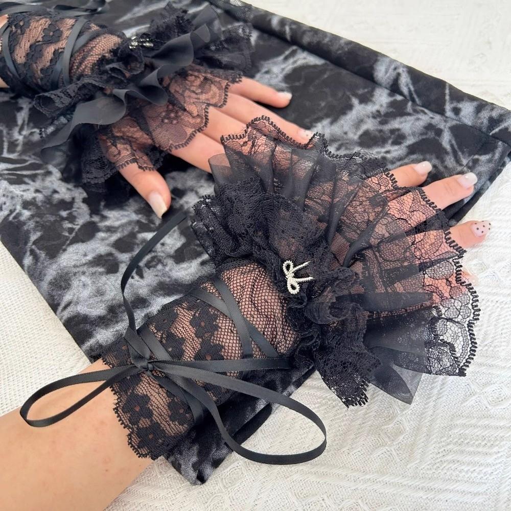Flare Style Lace Wrist Cuffs Silk Ribbon Flare Cuffs Vintage Ruffles Gloves Girl
