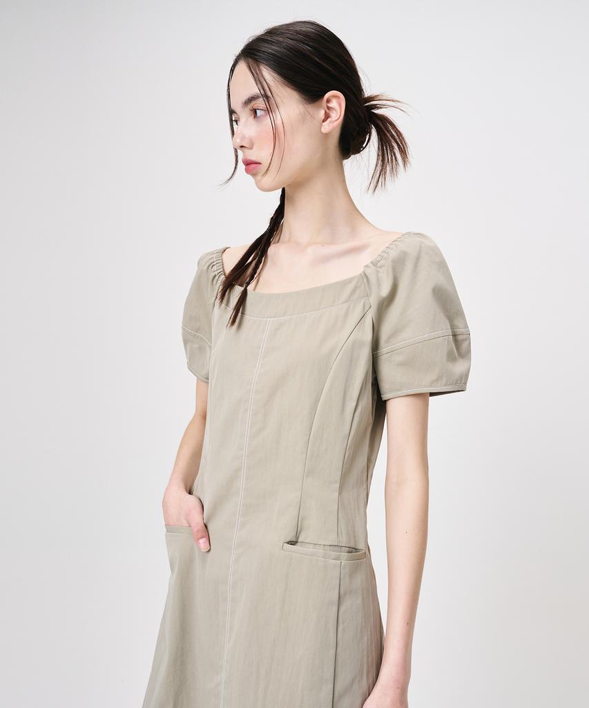 Etmont Stitch Puff Mini Dress, Light Khaki