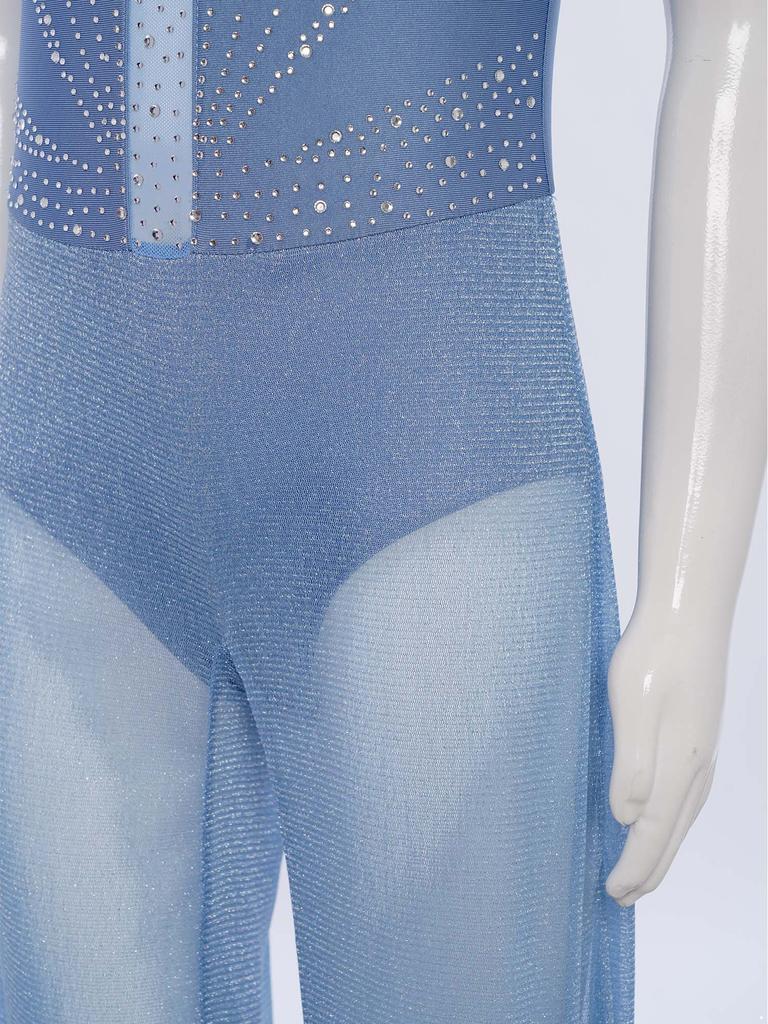 Боди для танцев со стразами для девочек - Блестящий комбинезон без рукавов с вырезом-капелькой на спине и разрезами по бокам, со встроенными трусиками для выступлений