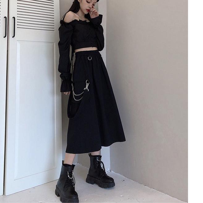 Летняя уличная юбка-карго Женская повседневная черная свободная юбка трапециевидной формы с высокой талией в женском стиле