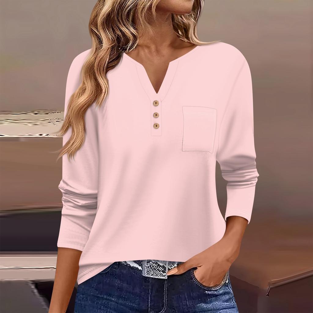 Women's T Shirt Tee Button Long Sleeve Daily Weekend Fashion Basic V- Neck Regular Top With Pocket