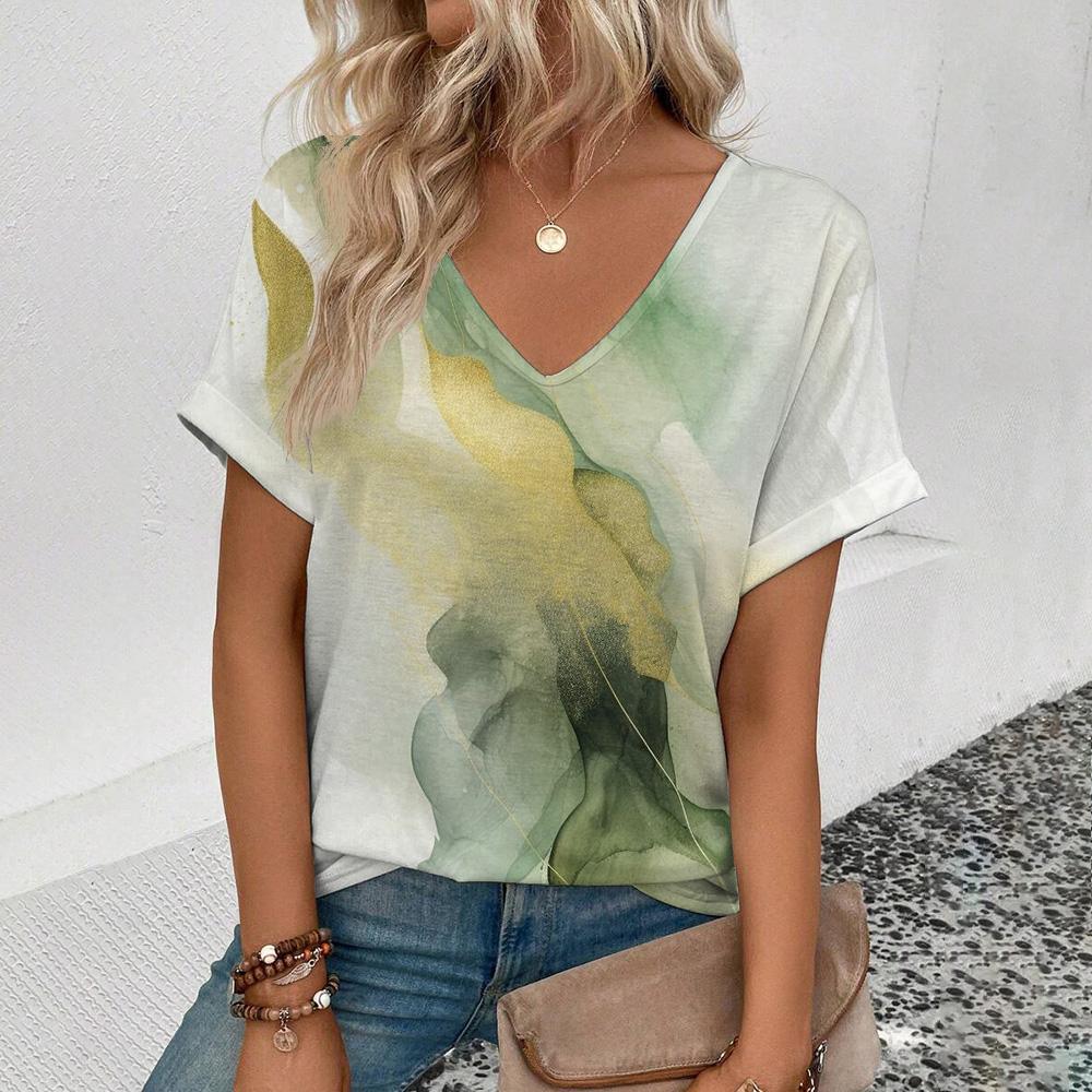 Summer New 3D Printe T-shirt Women's V-neck Top Summer Daily Short-sleeved White Comfortable Street T-shirt