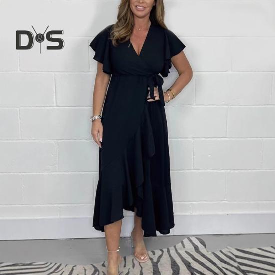 Женское летнее макси-платье с V-образным вырезом и коротким рукавом в виде листа лотоса, свободный сарафан, длинное пляжное платье с разрезом и поясом