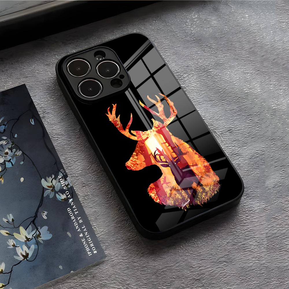 Чехол для телефона E-Elk Reindeer для iPhone 17 Air 16 E Pro Max 15 14 13 Mini 12 Pro 11 Max Plus Черная Стеклянная Крышка