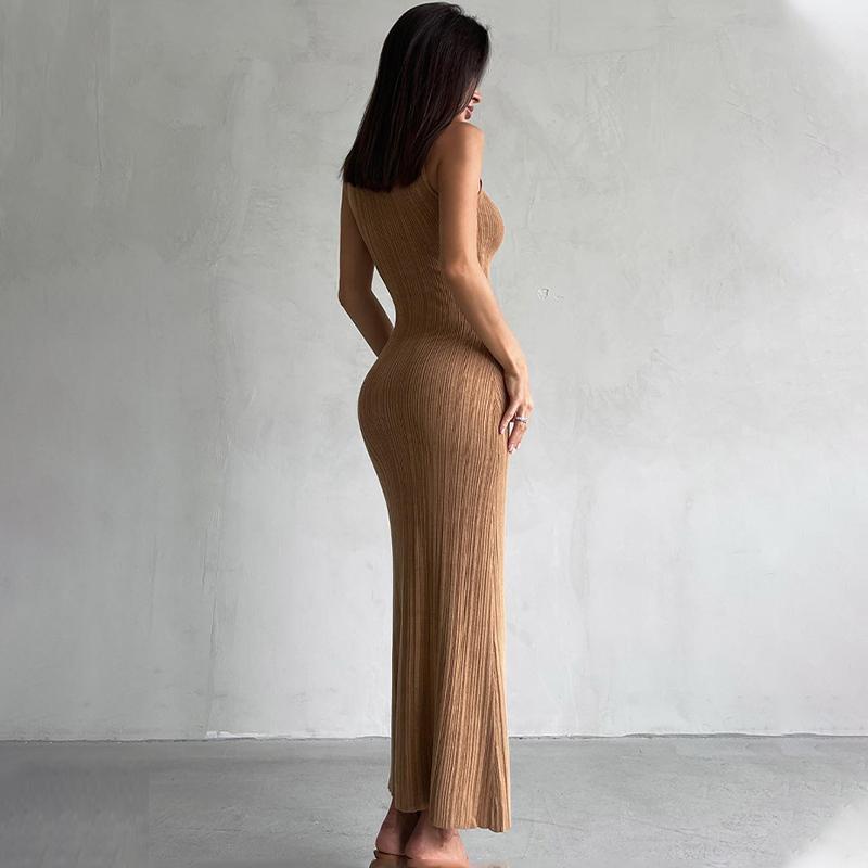 Knit Elegant Evening Dress Women High Waist Slim Sleeveless Bodycon Maxi Tank Dress Femme France Party High Collar Solid Knitted Dresses Woman