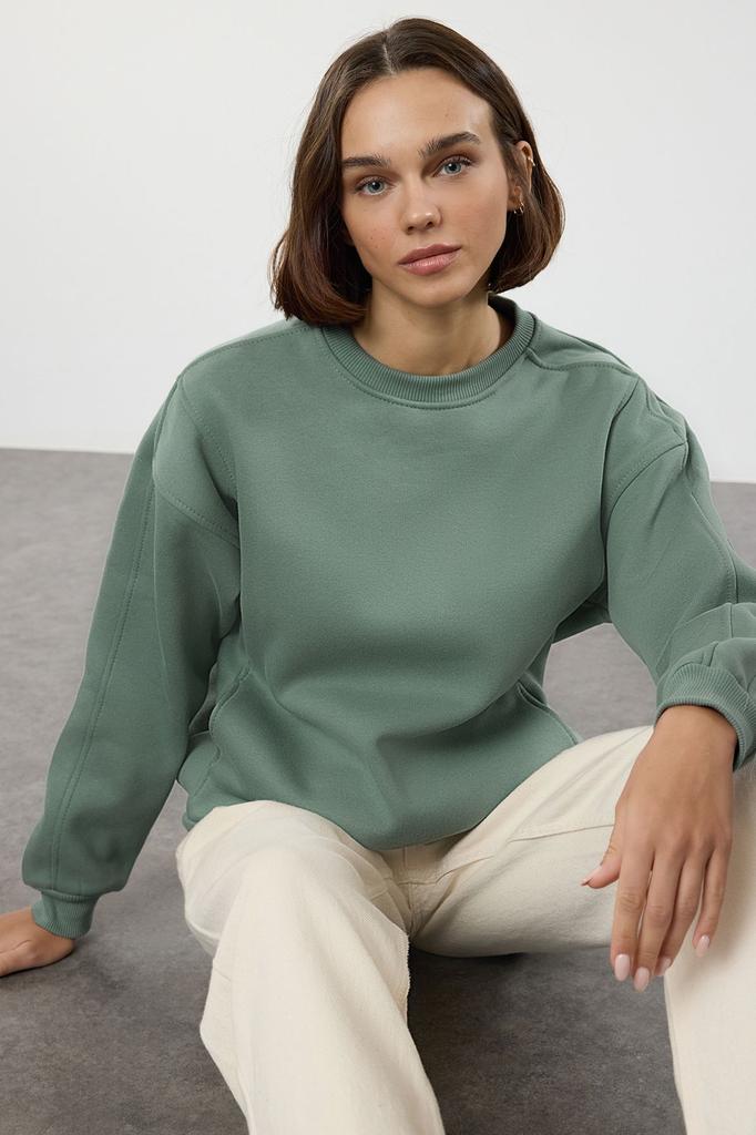 Women's Fashionable Stylish Sweatshirt Mint Oversize Wide Fit Pocket Thick Crew Neck Knitted Sweatshirt