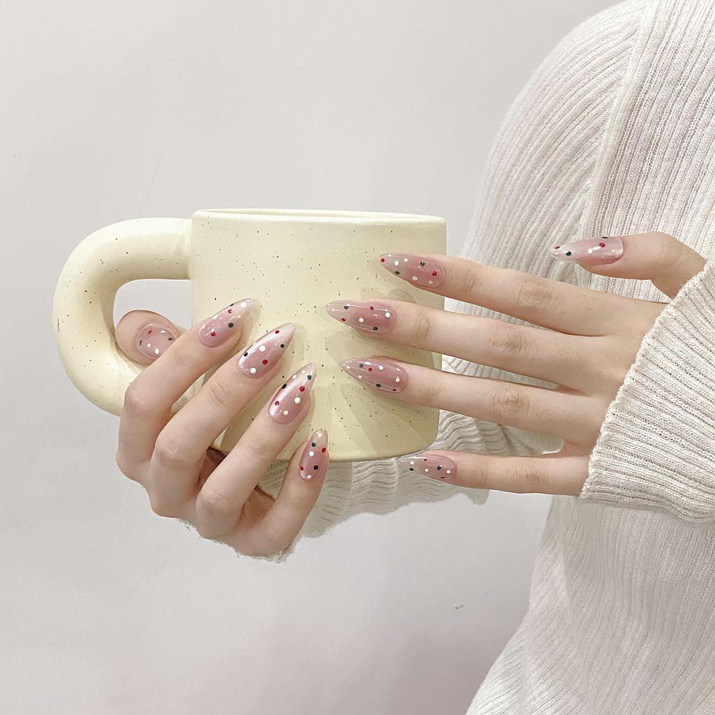 10Pcs Almond False Nails with Polka Dot Cat Eye Design for Nail Art DIY