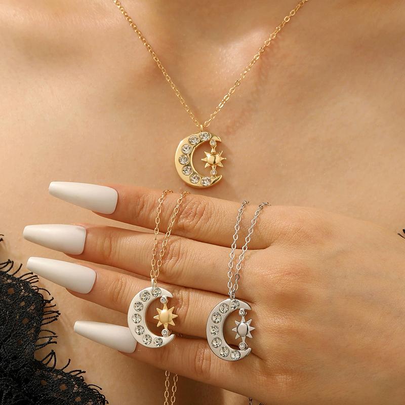 Zircon Moon Sun Pendant Necklace for Women Men Exquisite Collarbone Chain Vintage Simple Hiphop Punk Versatile Jewelry Gift