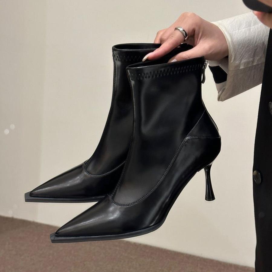Black Pointed Short Boots Femininity Thin Fashion High Heel Boots Rear Zipper Versatile Thin Heel Thin Boots