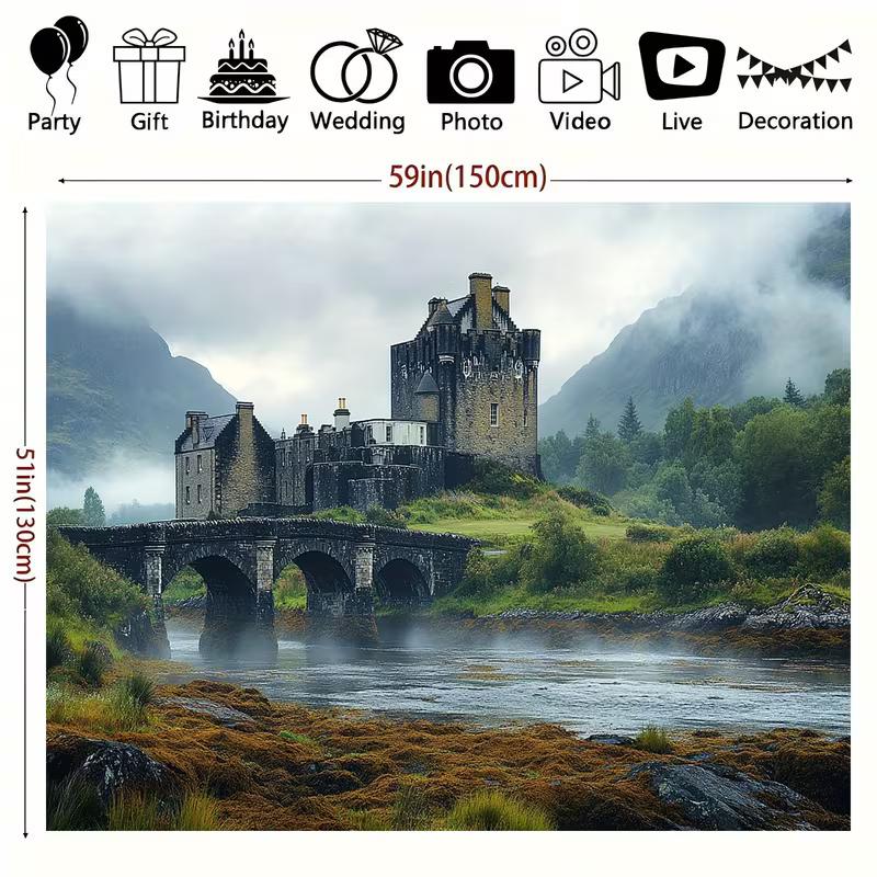 2D Eilean Donan Castle Tapestry, Misty Scottish Highlands Background