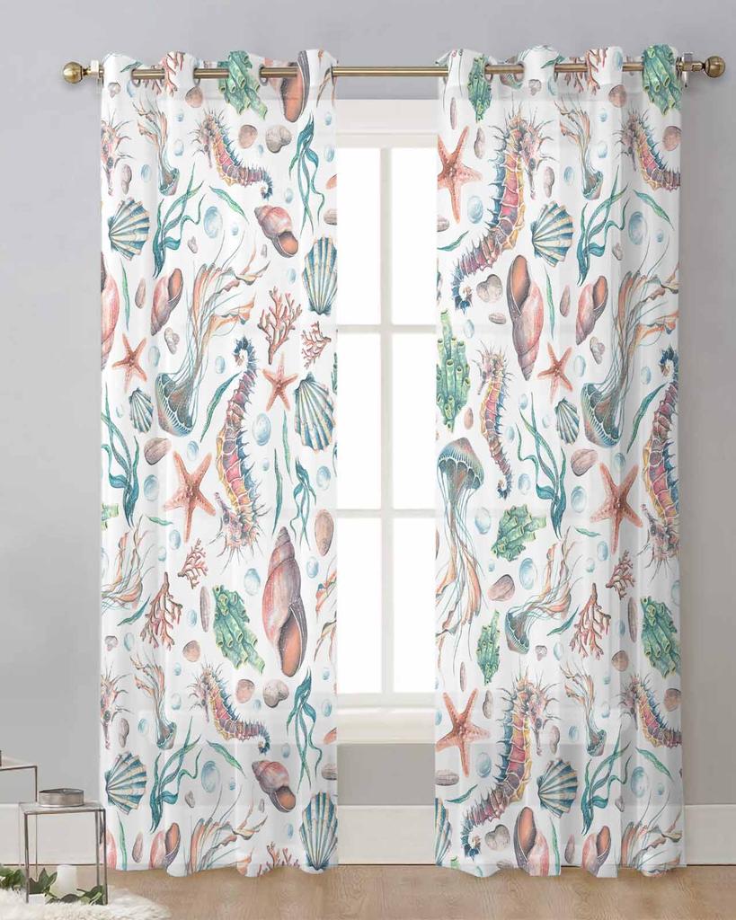 Sea Life Starfish Watercolor Sheer Curtains for Living Room Decoration Window Curtains for Kitchen Tulle Voile Organza Curtains