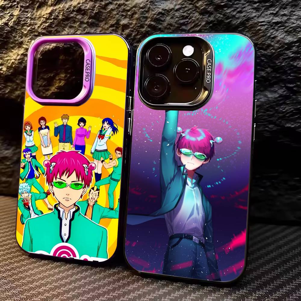Аниме S-Сайки Кусуо Чехол для телефона для iPhone17,16,15,14,13,12,11 Plus,Pro Max Цветной Серебряный Покрытие Внутренняя крышка