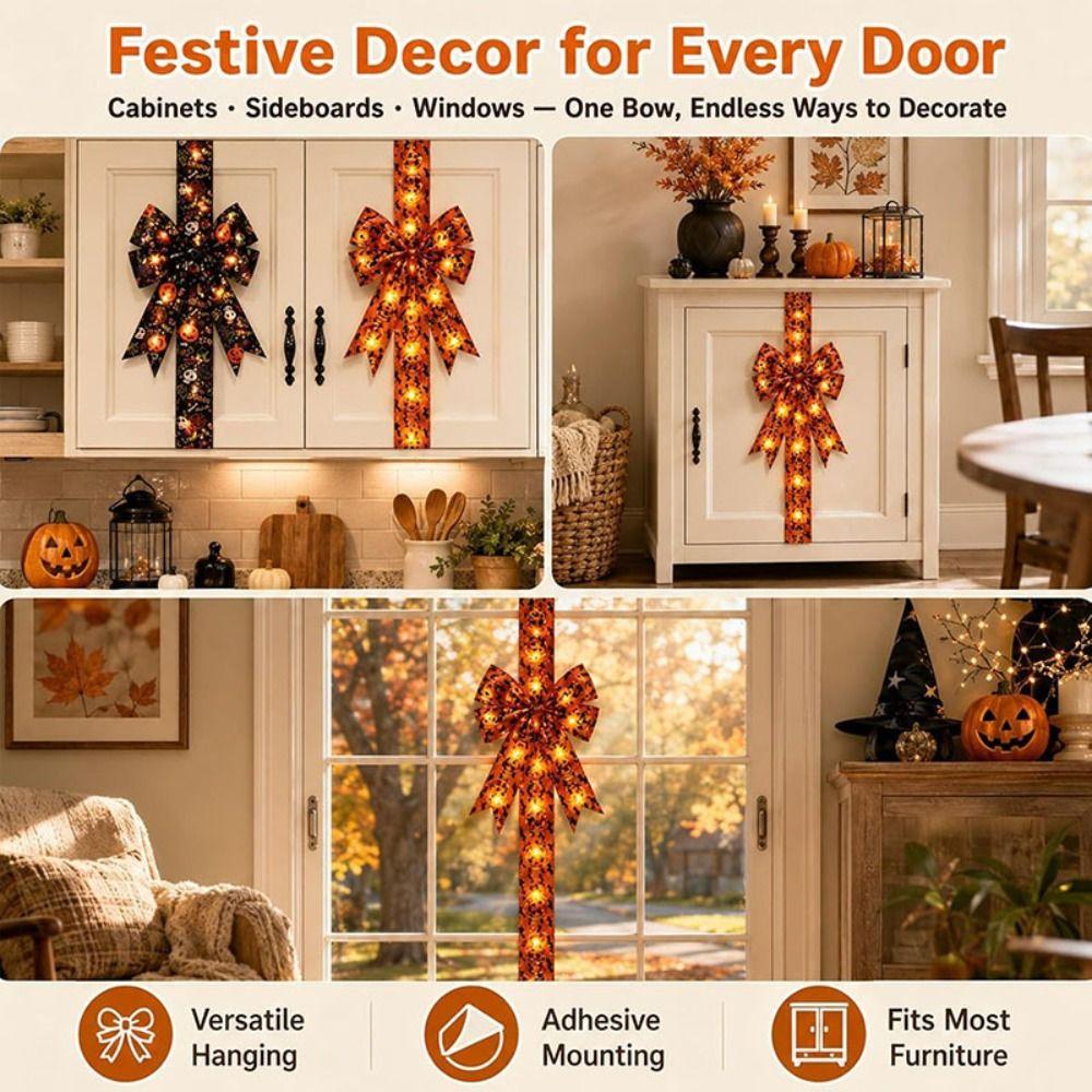 Embroidered Fabric Lighted Bow Black Color Bow Ornament Halloween Bow Wreath Decoration