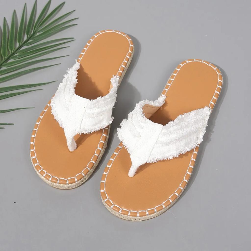 Мода 2024 года, женские модные тапочки, удобные пляжные шлепанцы, летние новые повседневные туфли на плоской подошве с мягкой подошвой, сплошные плюшевые кромки, парусиновые женские шлепанцы