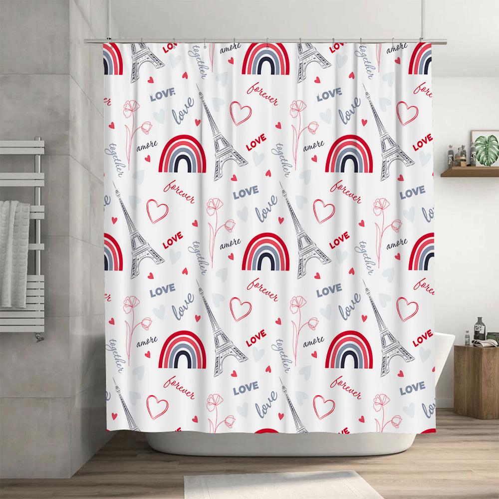 Modern Bathroom Shower Curtain with Love Pattern for Home Decoration White Fabric Waterproof Size 72x84 Inch Red Rainbow Eiffel