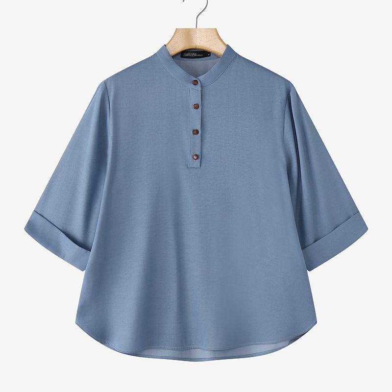 ZANZEA Женская повседневная блузка с круглым вырезом, рукавом 3/4, свободного кроя, однотонная