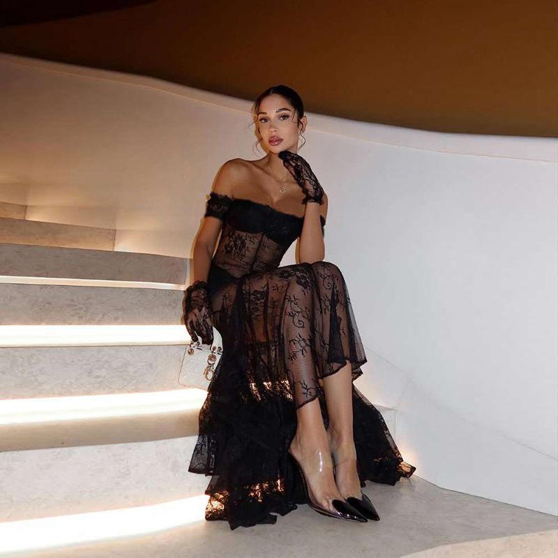 Кружевное сексуальное прозрачное длинное платье женское элегантное ажурное платье с открытой спиной и принтом на высокой талии вечернее платье женское однотонное макси платье
