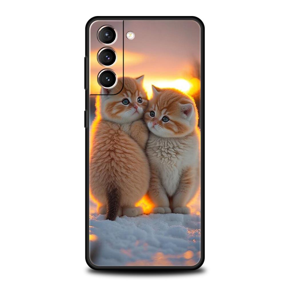 Чехол для телефона 'Целующийся кот' Милый котенок Для Samsung Galaxy S25 S24 S23 FE S22 Ultra S20 S21 5G S10 Plus S10E Мягкая черная крышка