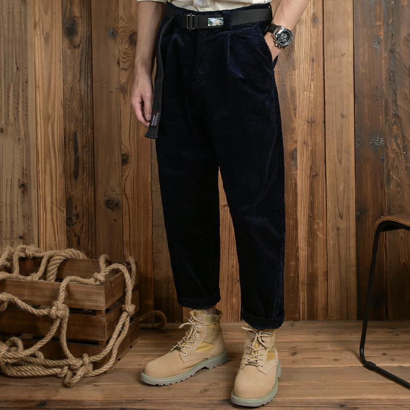 Осенние и зимние мужские брюки, японские ретро-утолщенные вельветовые брюки, мужские, 98% хлопок, мешковатые прямые брюки с поясом, повседневные мужские брюки