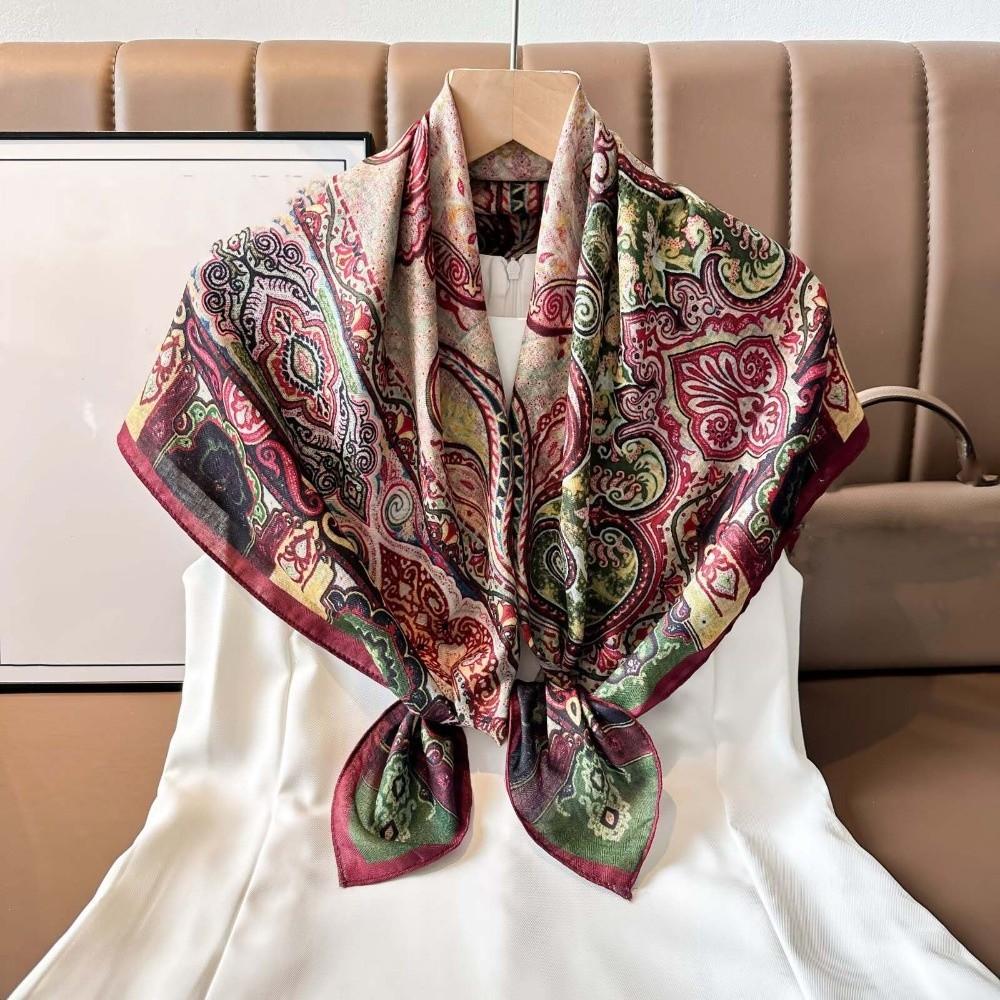 Lightweight Double-sided Printed Silk Scarf Breathable Retro Patterned Square Shawl Spring