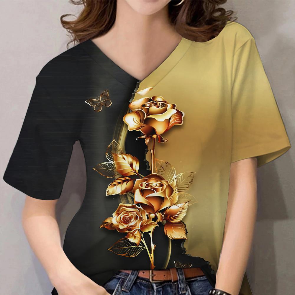 Женские топы с 3D цветочным принтом и коротким рукавом с V-образным вырезом, летние футболки для влюбленных пар