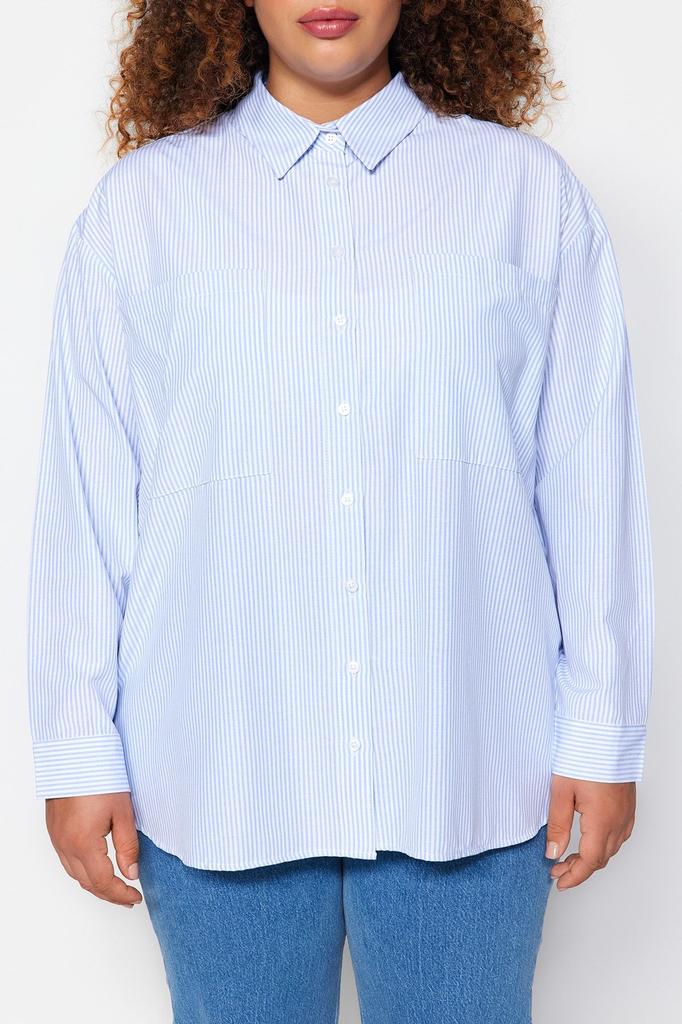 Women's Style Plus Size Blue Striped Poplin Shirt