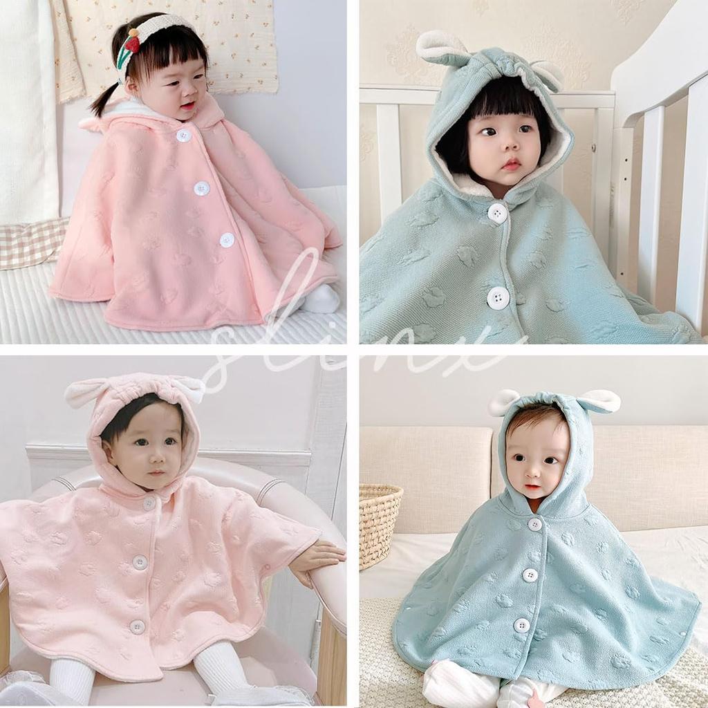 Baby Kids Poncho Bear Ear Floral Pattern Cold Protection Windproof Warm Front Opening Hooded Clothes for Girls Boys Boa Cotton Cloak Cape UV