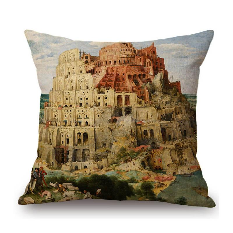 Village Hut Countryside Castle Building Oil Painting Beautiful Scene Home Decorative Sofa Pillow Case Linen Decor Cushion Cover