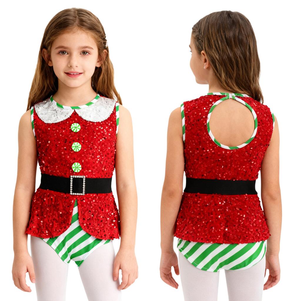 Kids Girls Christmas Santa Elf Costumes Candy Cane Striped Sequins Dance Leotard Xmas Skating Bodysuit