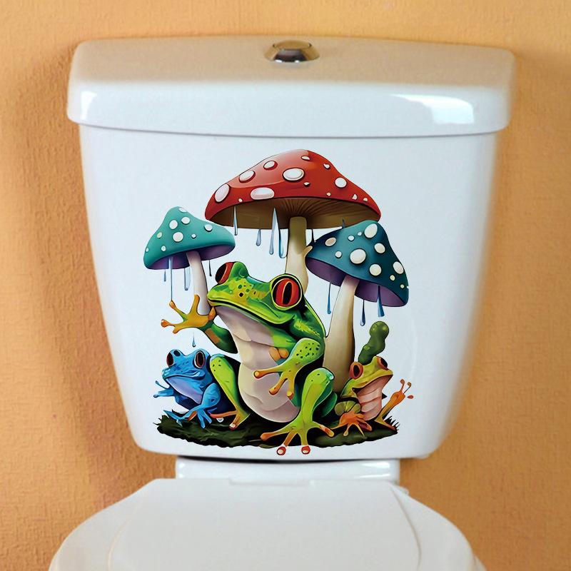 Cartoon Frog Stickers Waterproof Self Adhesive Toilet Decoration Anime Magic Mushroom Vinyl Tank Stickers for Bathroom Home