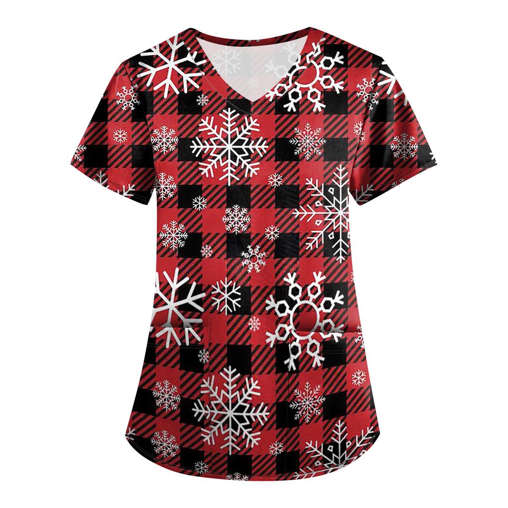 Большой размер Принтованный скраб Рабочая униформа Топы для женских V-образный вырез с запахом Принт Короткий рукав Веселые футболки Рабочая одежда Футболка с карманами