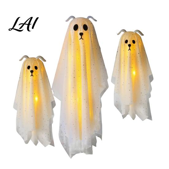 Outdoor Halloween Display Items 3 Pcs Lighted Dog Ghost Hanging Ornaments Spooky Flying Holiday Decorative Fabric Gauze with LED Light for Tree Porch