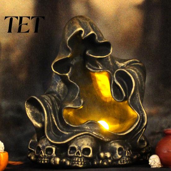 Spooky LED Ornament for Halloween Party Wizard Ghost Night Light with Embossed Skull Base, Resin Glowing Figurine, Environmentally Friendly