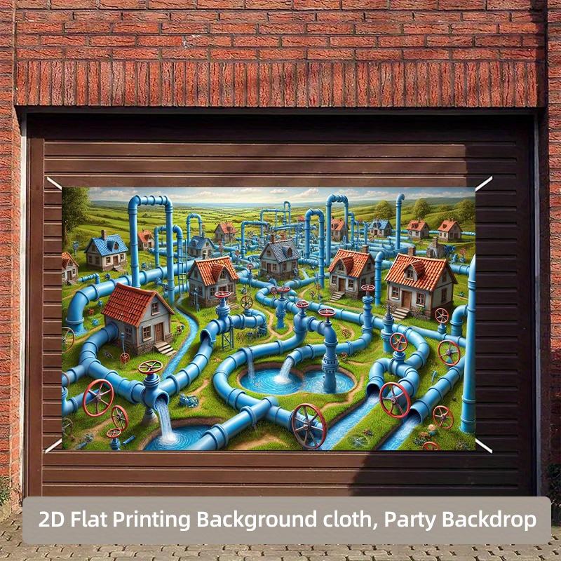 2D plane, industrial-style pipe maze background fabric - blue-green factory scene party decoration, polyester fiber