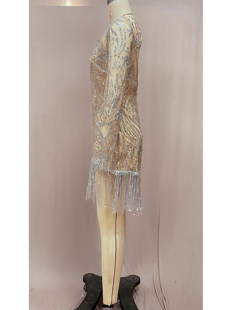 Весеннее европейское и американское платье-миди для пригородных поездок 2025 года с золотыми пайетками и кисточками