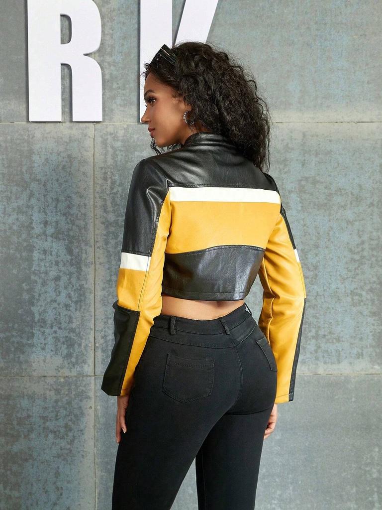 Укороченная байкерская куртка Rose Beauty A Street Colorblock из лакированной искусственной кожи на молнии