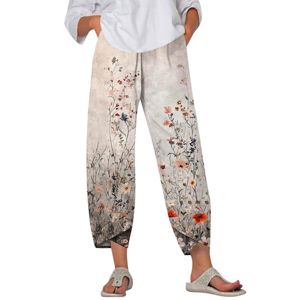 Брюки женские летние повседневные широкие брюки с эластичной резинкой на талии и принтом с карманами