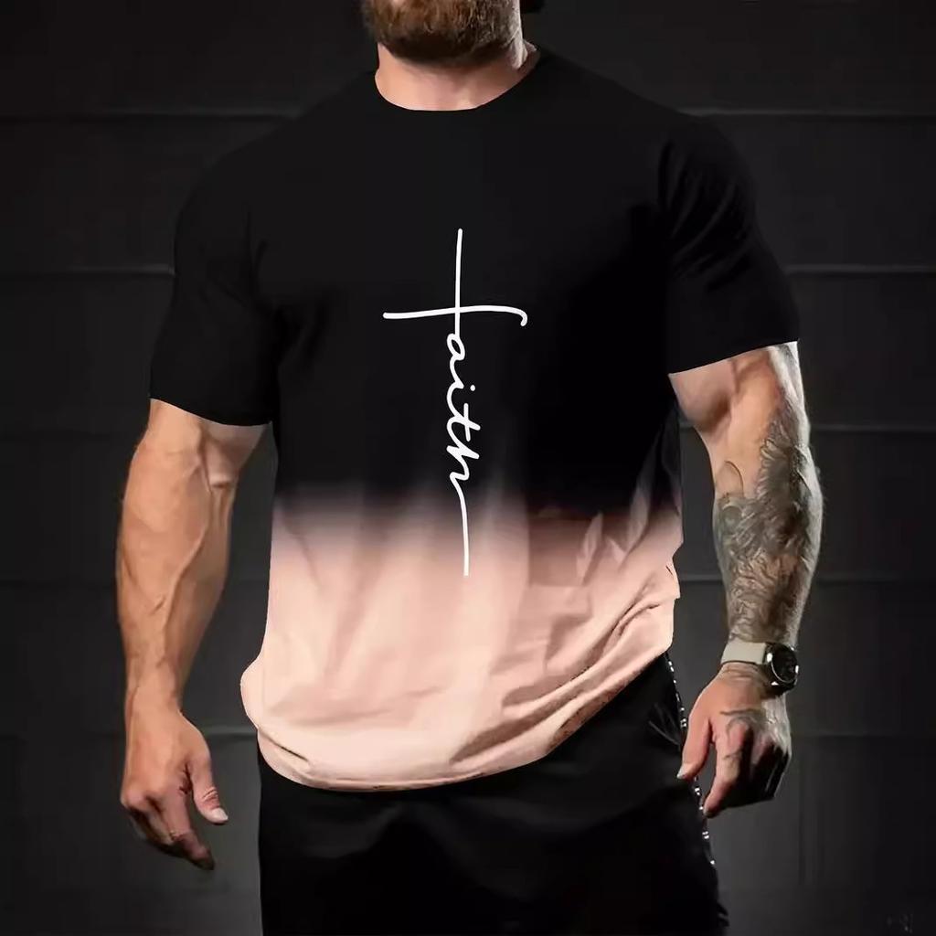 Летний топ с круглым вырезом и 3D-принтом градиентных букв, модная повседневная мужская футболка с коротким рукавом