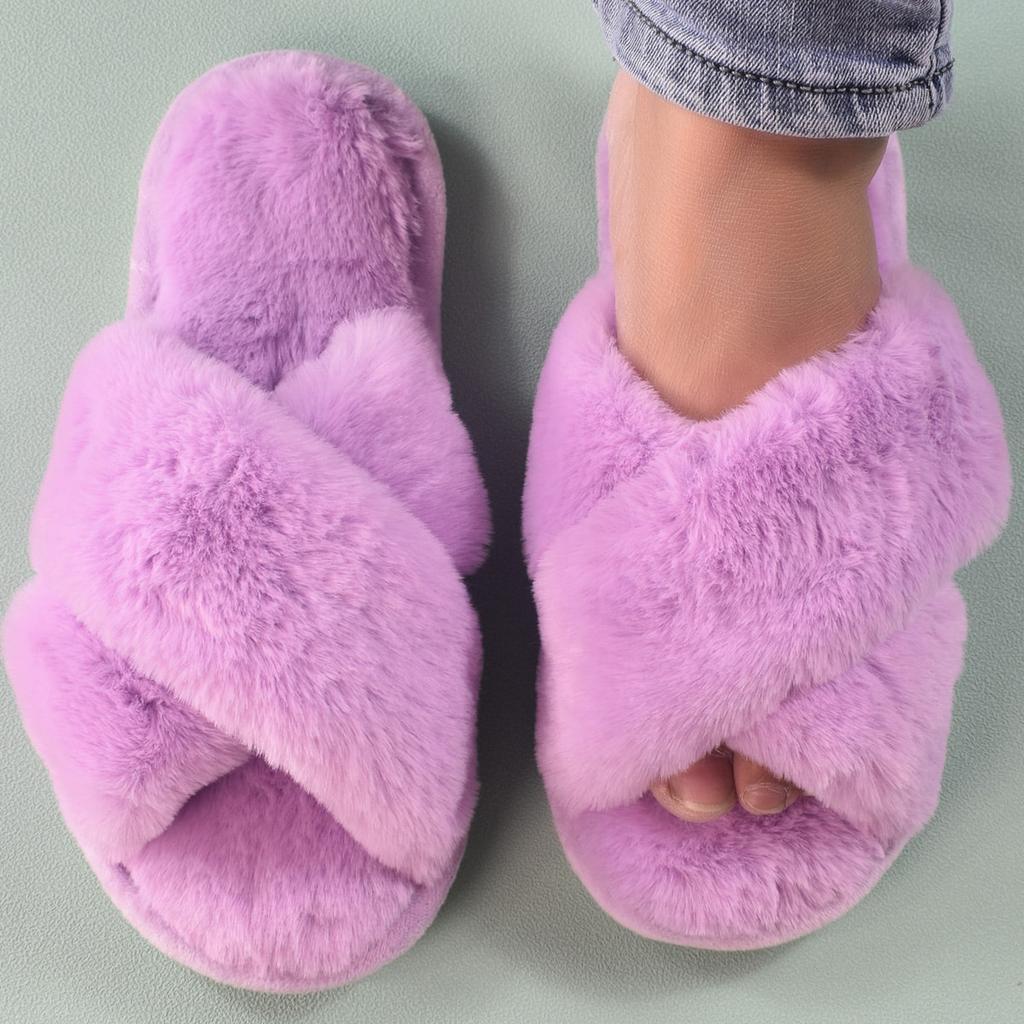 Fashion Women House Slippers Fur Fashion Warm Shoes Woman Slip On Flats Female Slides Cozy Home Furry Slippers