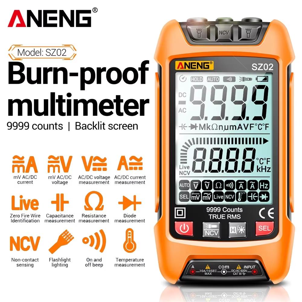 New SZ02 Digital Multimeter Transistor Smart Tester 9999 Counts True RMS Auto Electrical Capacitance Meter Temp Resistance Tester with Digital Display