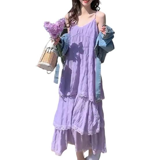 Женское платье на бретелях с V-образным вырезом, без рукавов, многослойное, с кружевной отделкой, макси-платье