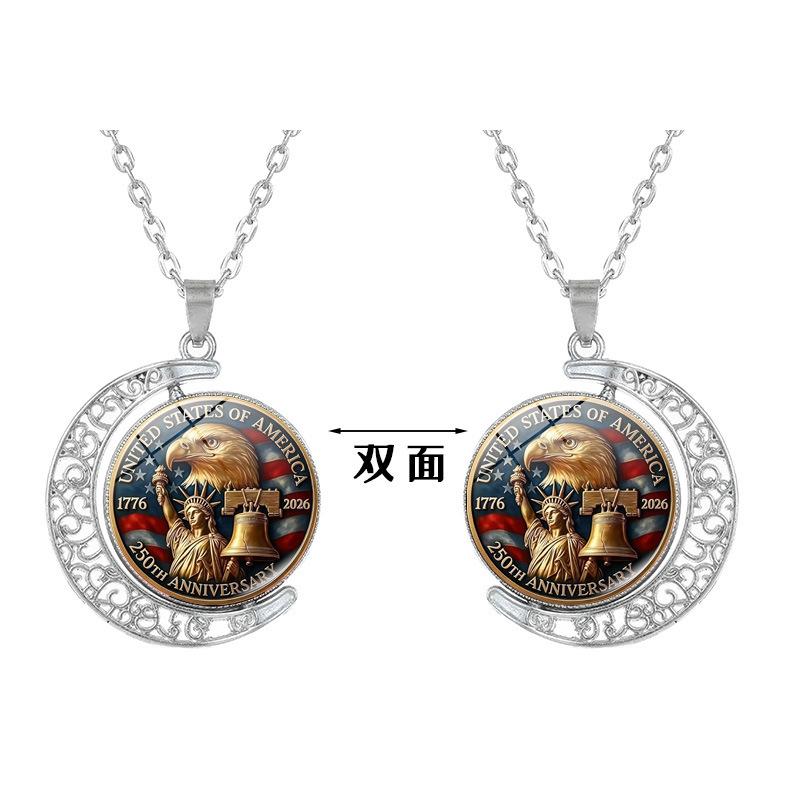 1Pc USA 250th Anniversary Double Sided Rotating Moon Alloy Necklace, Liberty Bell Flag