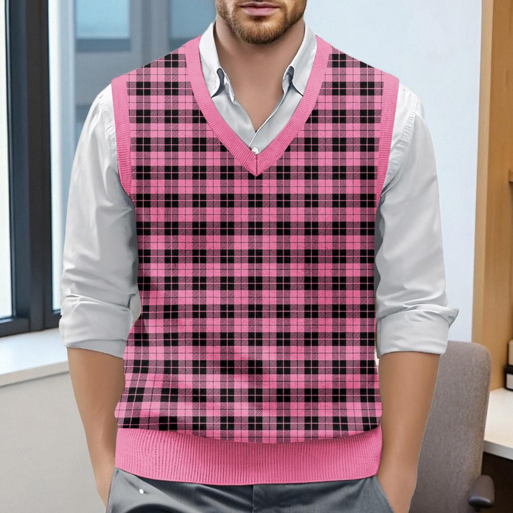 Мужской жилет без рукавов с клетчатым принтом и V-образным вырезом, вязаный джемпер